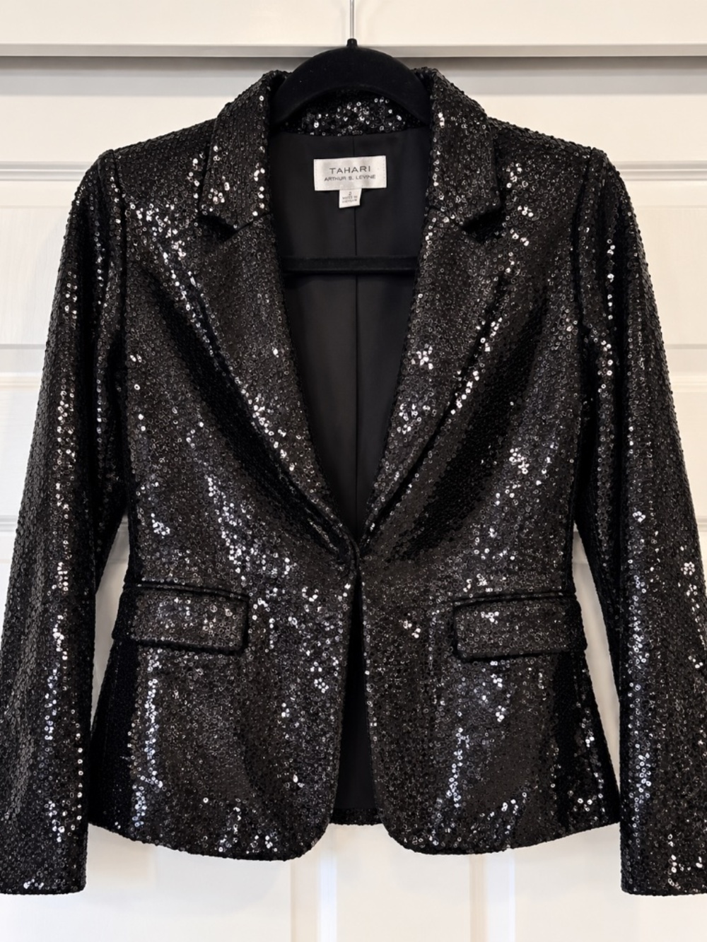 Tahari Arthur S. Levine Black Sequin Blazer Size 2 XS Holiday Party Jacket